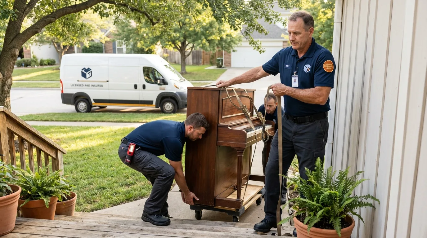 Licensed piano movers securing grand piano in Sparta, GA