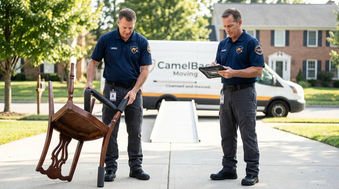 Movers inspecting furniture for damage prevention before loading in Sparta, GA